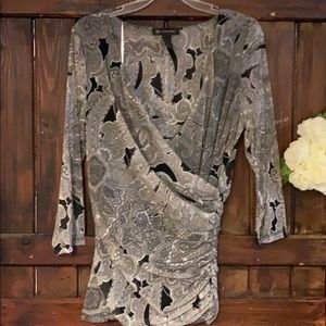 A lovely black and gray paisley wrap blouse